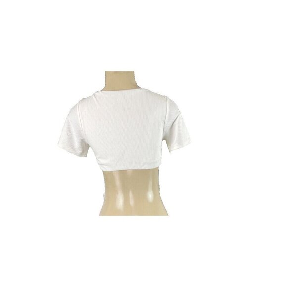 Swimsuits For All L Ivory Ribbed Lined Scoop Neckline Short Sleeve Crop Swim Top - Picture 4 of 5